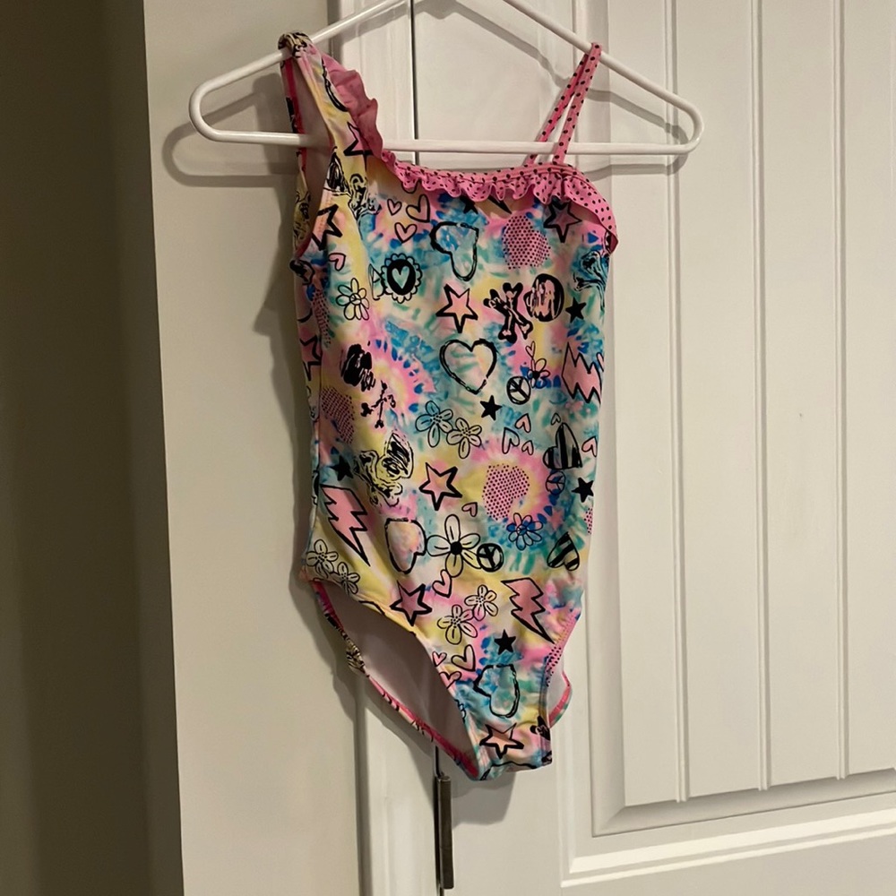 Colorful design asymmetrical shoulder straps with polka dots girls size 10-12 OP